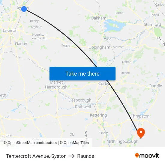 Tentercroft Avenue, Syston to Raunds map