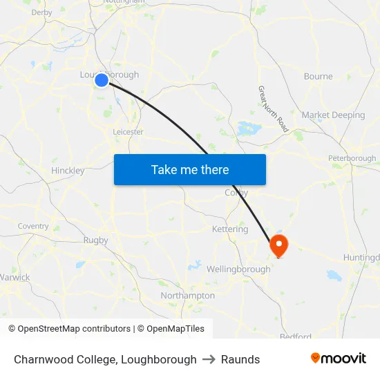 Charnwood College, Loughborough to Raunds map