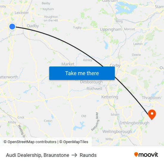 Audi Dealership, Braunstone to Raunds map