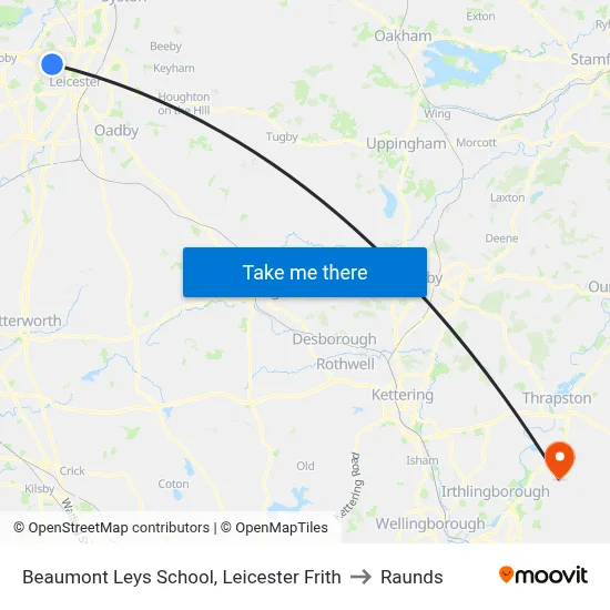 Beaumont Leys School, Leicester Frith to Raunds map