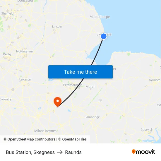 Bus Station, Skegness to Raunds map