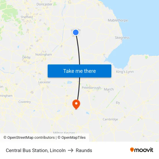 Central Bus Station, Lincoln to Raunds map