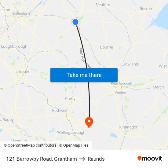 121 Barrowby Road, Grantham to Raunds map