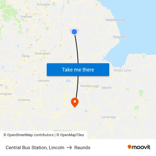 Central Bus Station, Lincoln to Raunds map