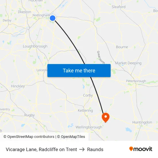 Vicarage Lane, Radcliffe on Trent to Raunds map