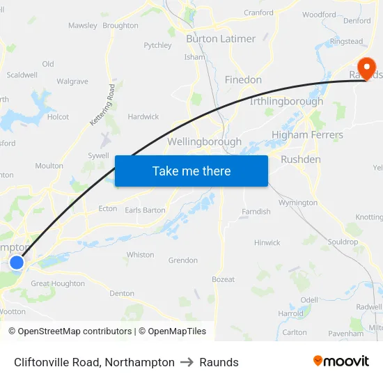Cliftonville Road, Northampton to Raunds map