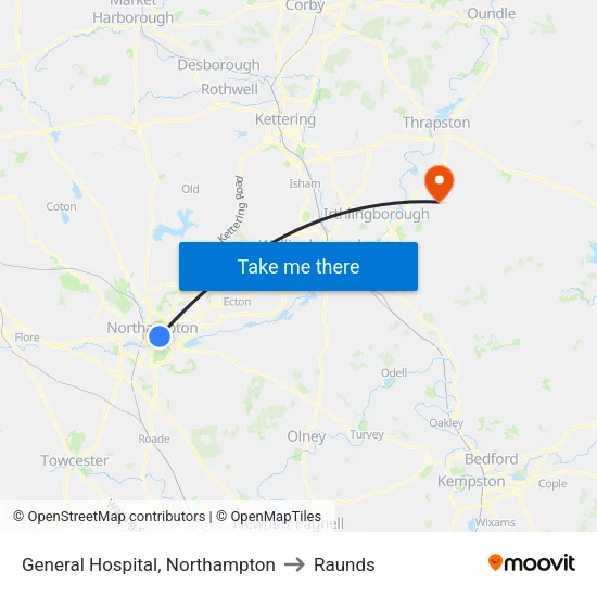 General Hospital, Northampton to Raunds map
