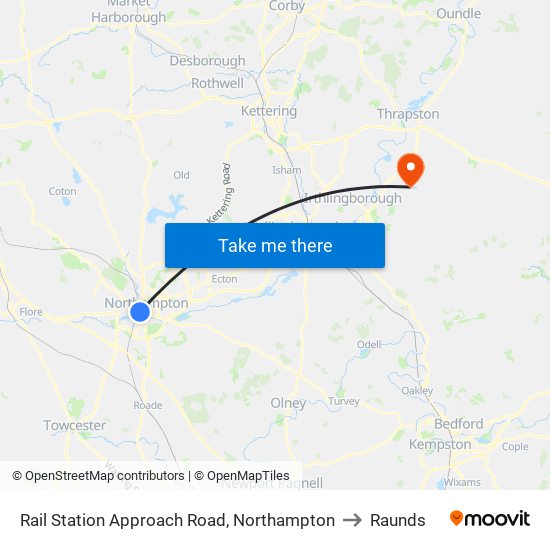 Rail Station Approach Road, Northampton to Raunds map