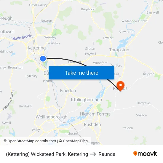 (Kettering) Wicksteed Park, Kettering to Raunds map