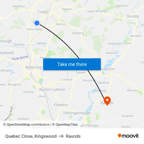 Quebec Close, Kingswood to Raunds map