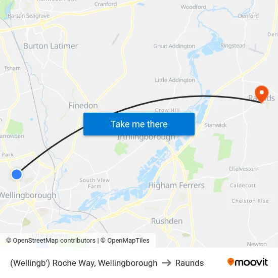 (Wellingb') Roche Way, Wellingborough to Raunds map