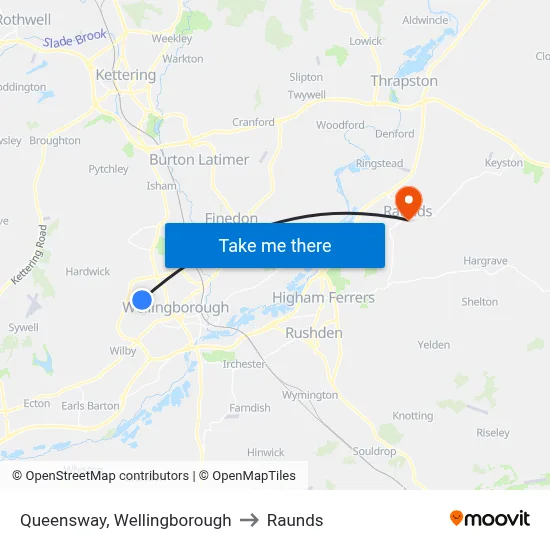 Queensway, Wellingborough to Raunds map
