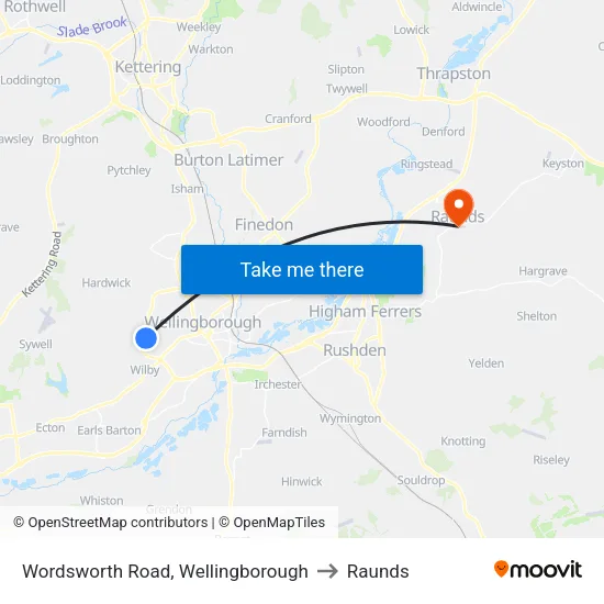 Wordsworth Road, Wellingborough to Raunds map