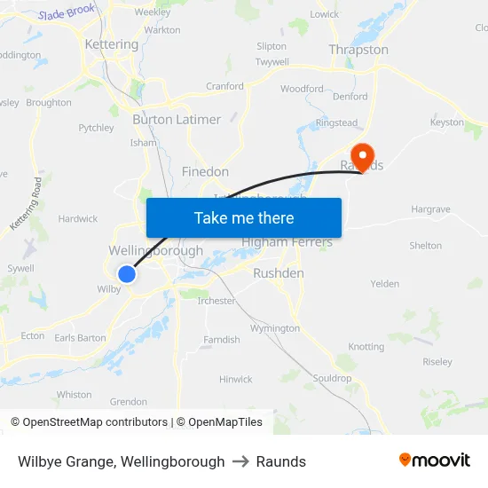 Wilbye Grange, Wellingborough to Raunds map