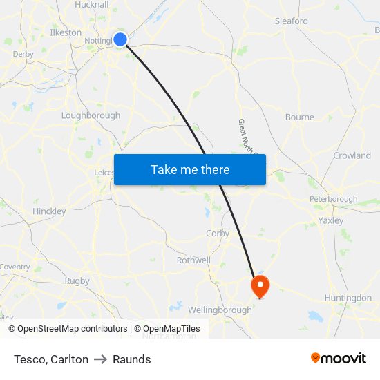 Tesco, Carlton to Raunds map