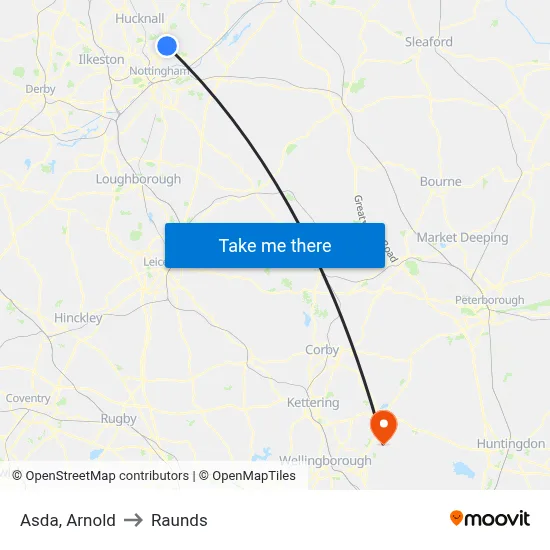 Asda, Arnold to Raunds map