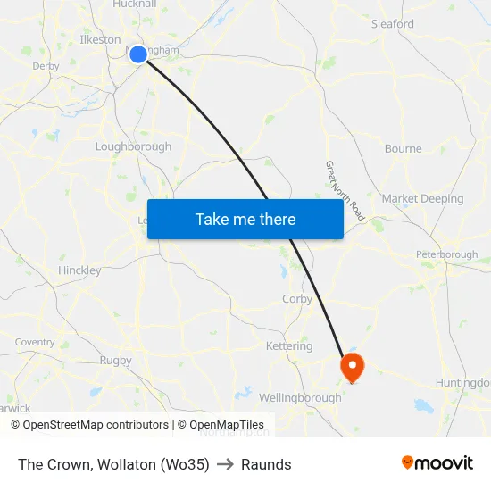 The Crown, Wollaton (Wo35) to Raunds map
