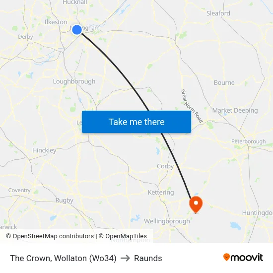 The Crown, Wollaton (Wo34) to Raunds map