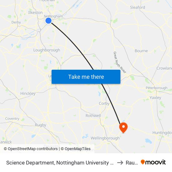 Science Department, Nottingham University Main Campus (Un31) to Raunds map