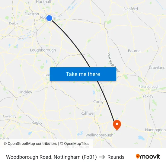 Woodborough Road, Nottingham (Fo01) to Raunds map