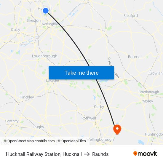 Hucknall Railway Station, Hucknall to Raunds map