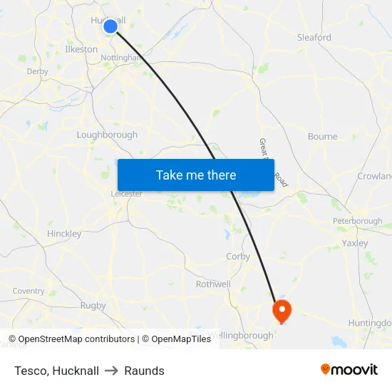 Tesco, Hucknall to Raunds map