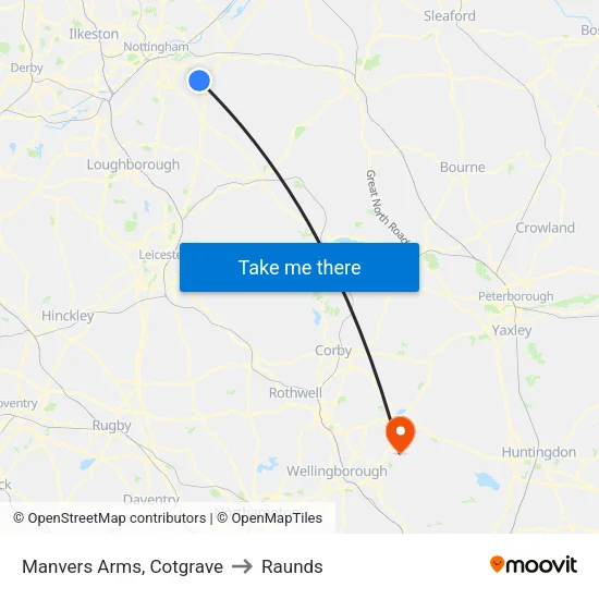 Manvers Arms, Cotgrave to Raunds map