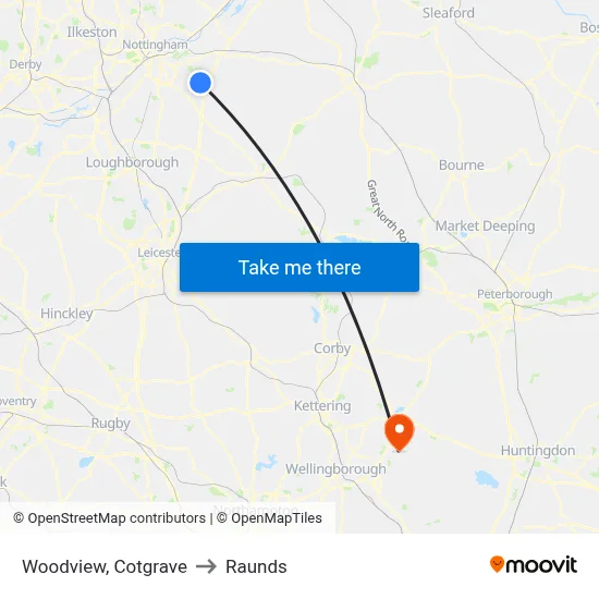 Woodview, Cotgrave to Raunds map
