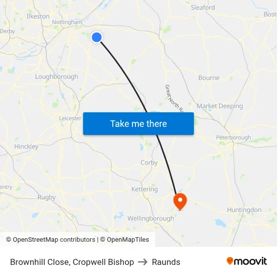 Brownhill Close, Cropwell Bishop to Raunds map