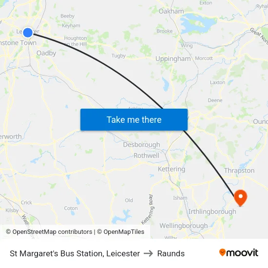 St Margaret's Bus Station, Leicester to Raunds map