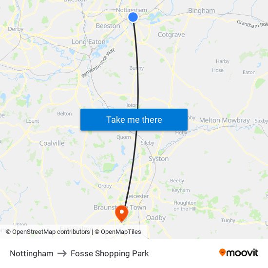 Nottingham to Fosse Shopping Park map