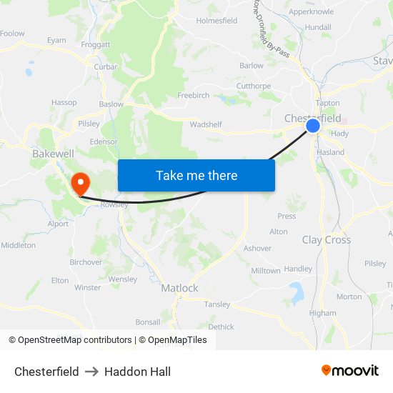 Chesterfield to Haddon Hall map