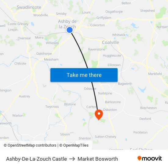 Ashby-De-La-Zouch Castle to Market Bosworth map