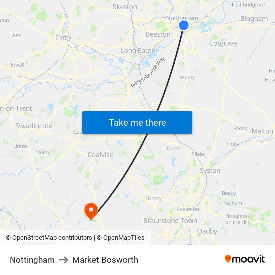 Nottingham to Market Bosworth map