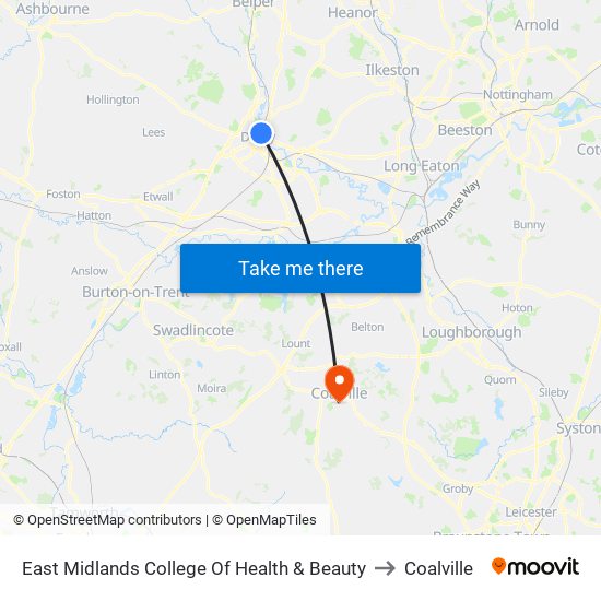 East Midlands College Of Health & Beauty to Coalville map