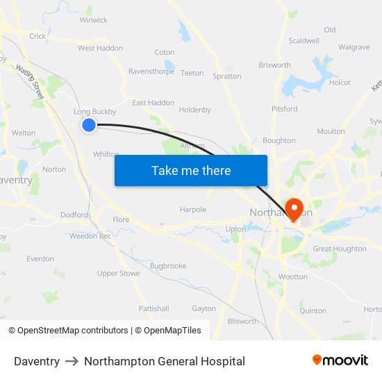 Daventry to Northampton General Hospital map