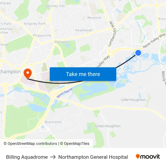 Billing Aquadrome to Northampton General Hospital map
