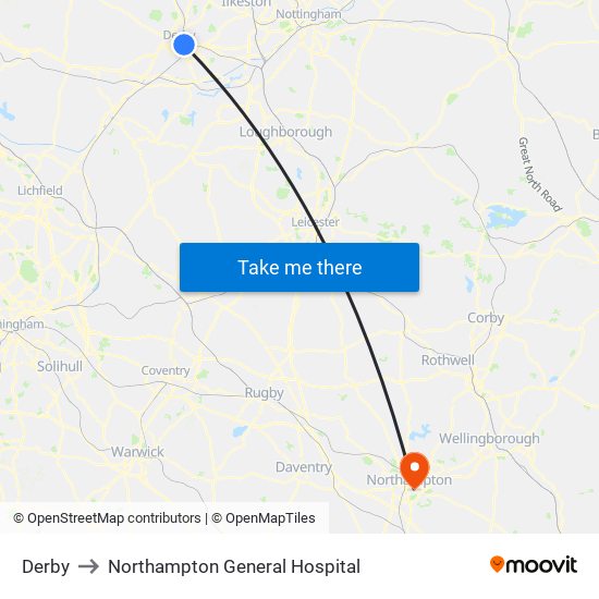 Derby to Northampton General Hospital map