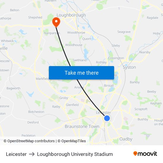Leicester to Loughborough University Stadium map