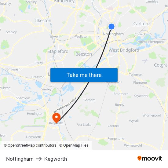 Nottingham to Kegworth map
