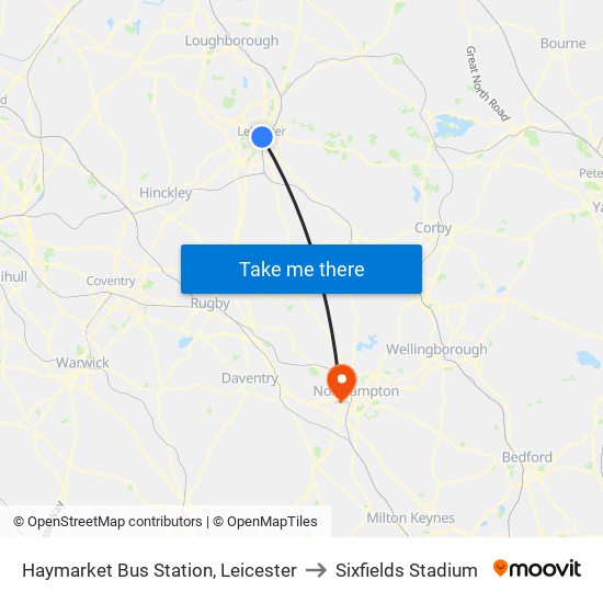 Haymarket Bus Station, Leicester to Sixfields Stadium map
