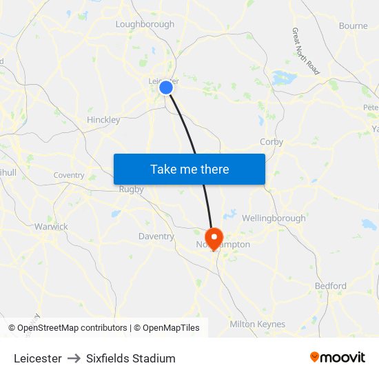 Leicester to Sixfields Stadium map