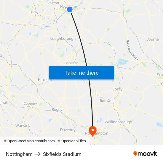 Nottingham to Sixfields Stadium map