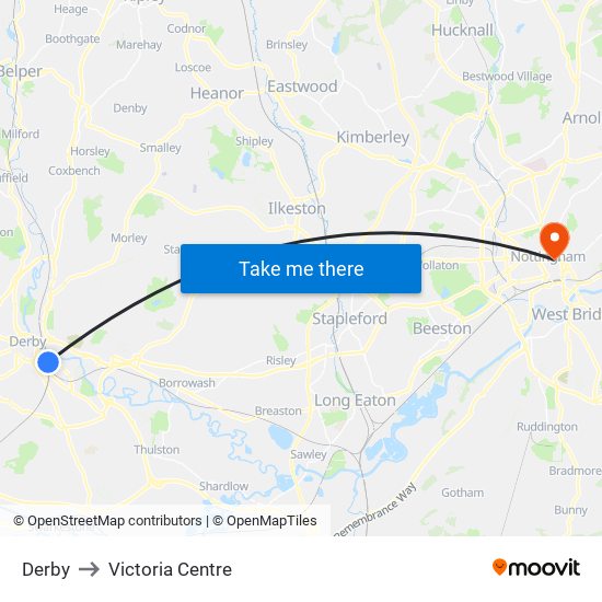 Derby to Victoria Centre map