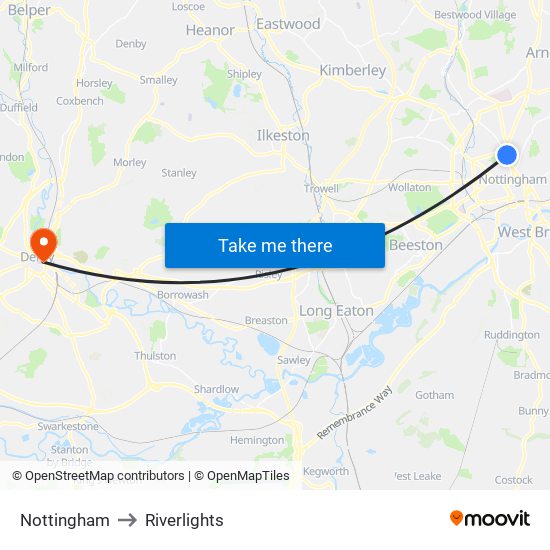 Nottingham to Riverlights map
