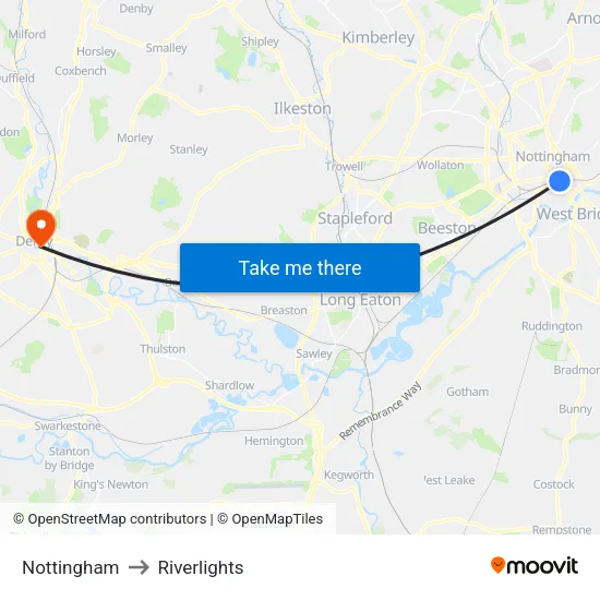 Nottingham to Riverlights map