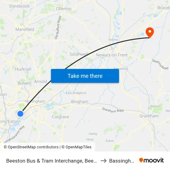 Beeston Bus & Tram Interchange, Beeston to Bassingham map