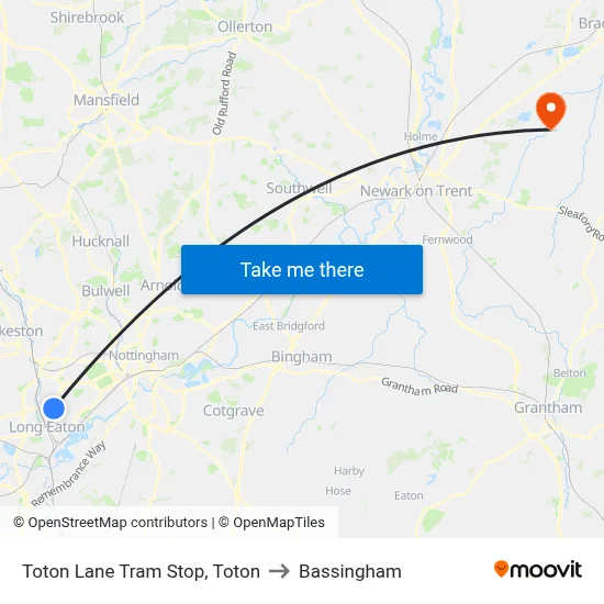 Toton Lane Tram Stop, Toton to Bassingham map