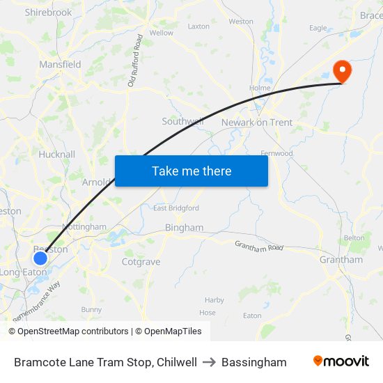 Bramcote Lane Tram Stop, Chilwell to Bassingham map