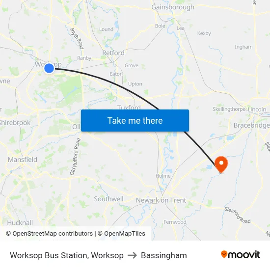 Worksop Bus Station, Worksop to Bassingham map